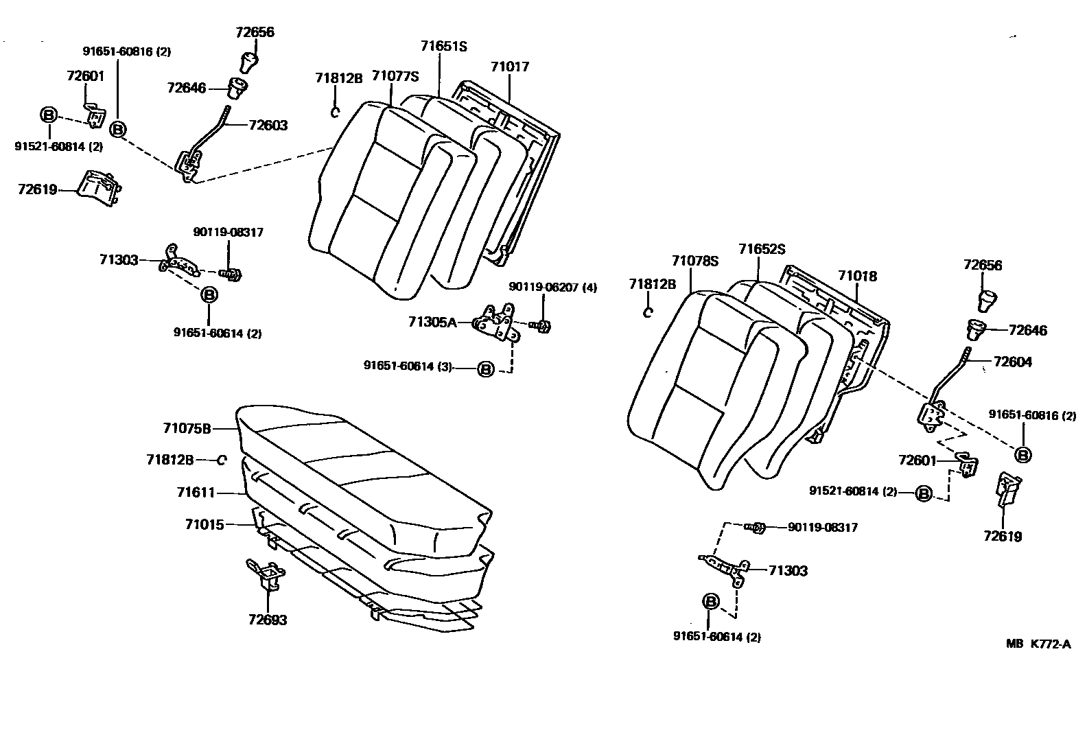 Toyota COROLLA 后排座椅和座椅滑轨 EPC diagram — MBK772A