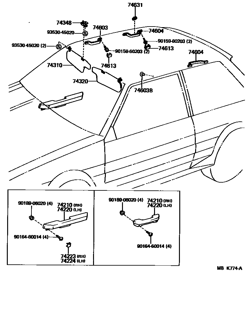 Toyota COROLLA 扶手和遮阳板 EPC diagram — MBK774A