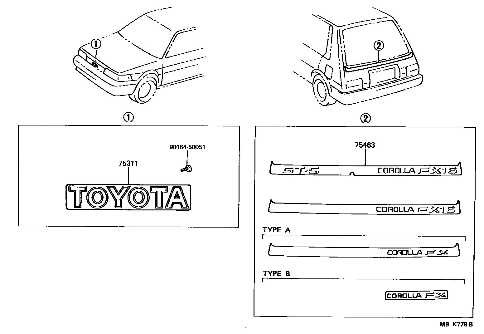 Toyota COROLLA 丰田徽标和铭牌(车外和车内) EPC diagram — MBK778B