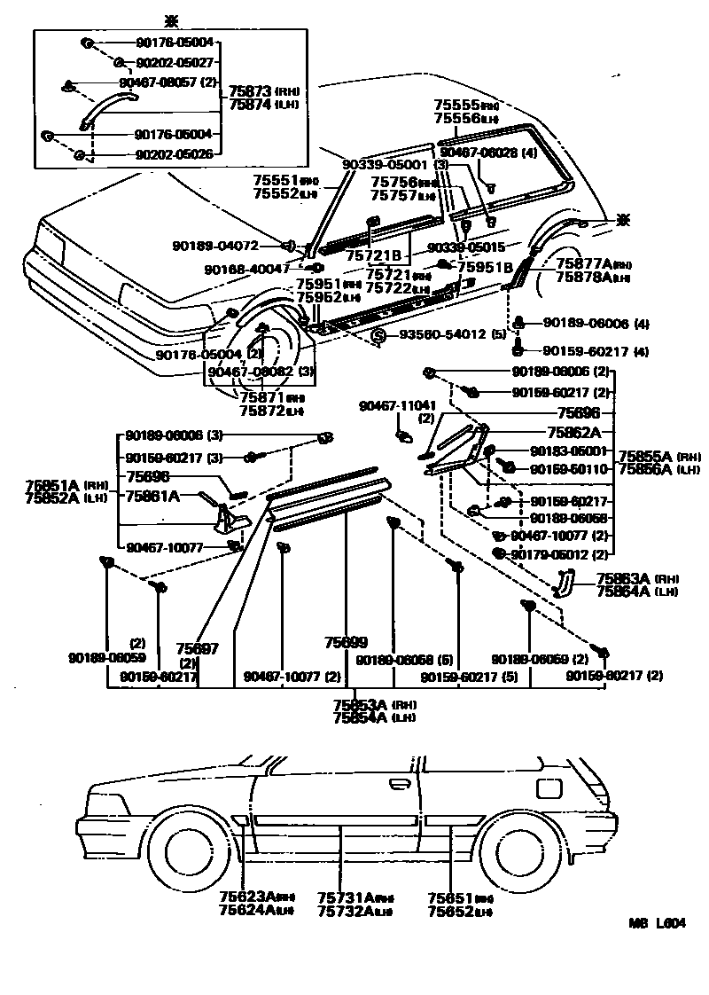 Toyota COROLLA 侧防护条 EPC diagram — MBL604
