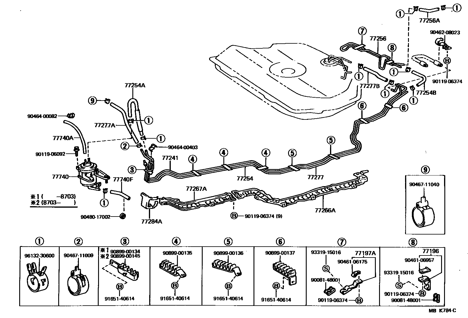 Toyota COROLLA 燃油箱和燃油管 EPC diagram — MBK784C