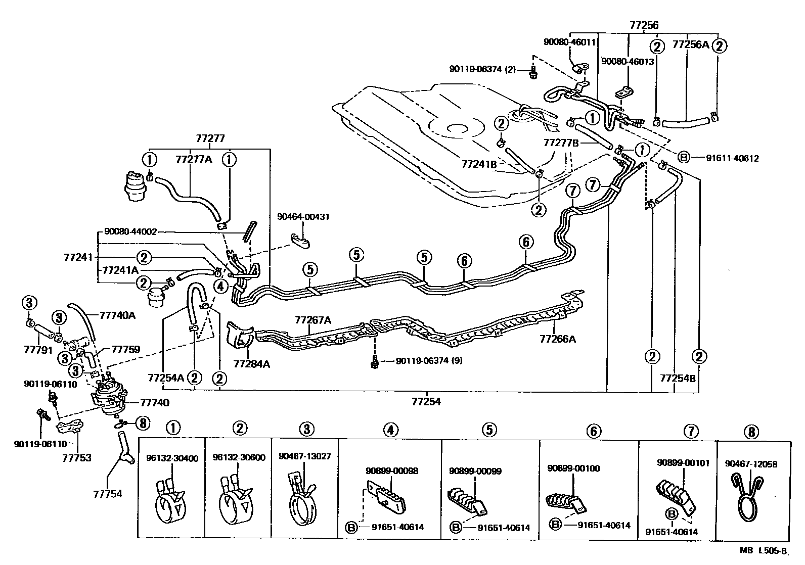 Toyota COROLLA 燃油箱和燃油管 EPC diagram — MBL505B