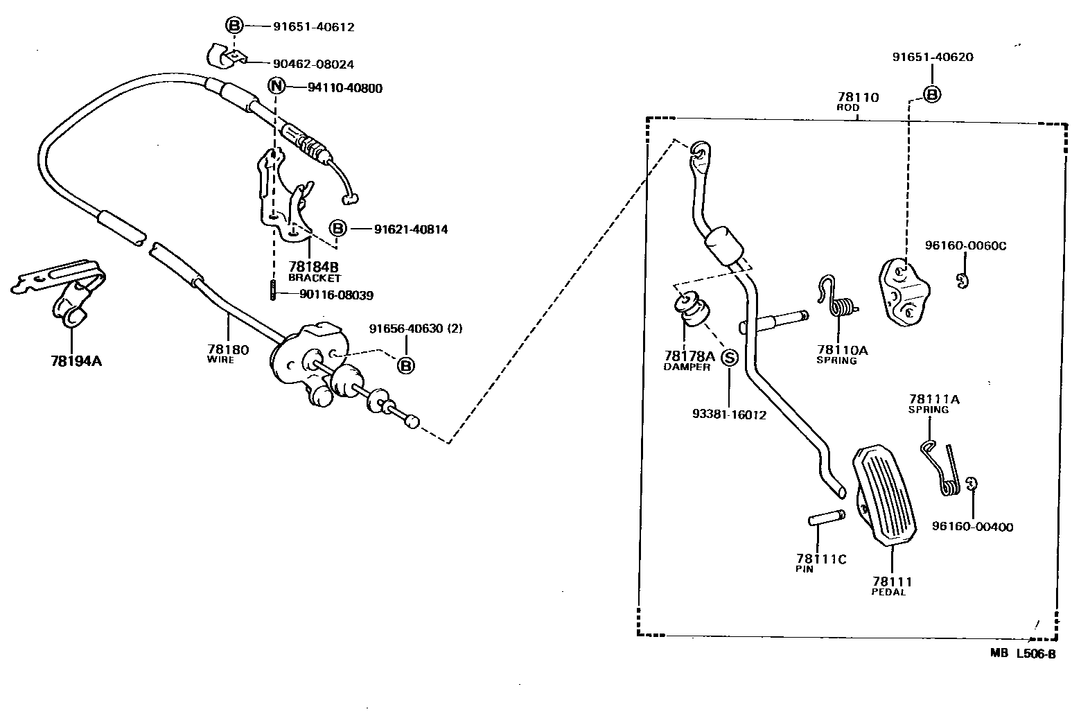 Toyota COROLLA accelerator pedal connecting rod EPC diagram — MBL506B