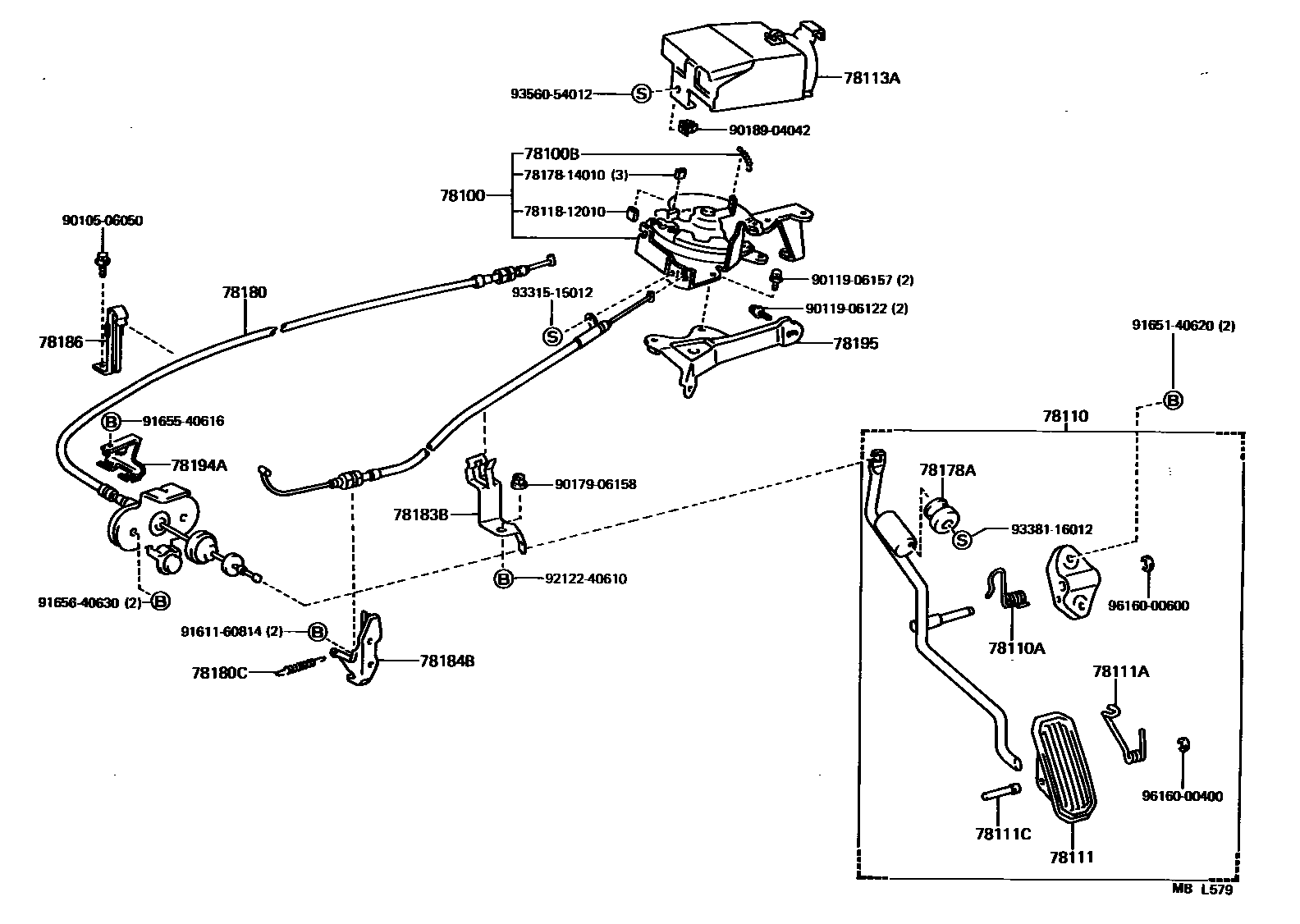 Toyota COROLLA accelerator pedal connecting rod EPC diagram — MBL579
