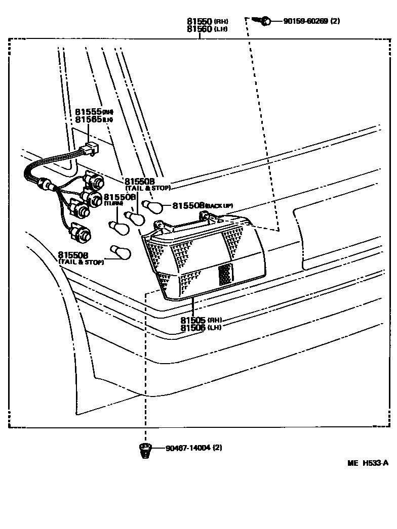 Toyota COROLLA 后组合灯 EPC diagram — MEH533A