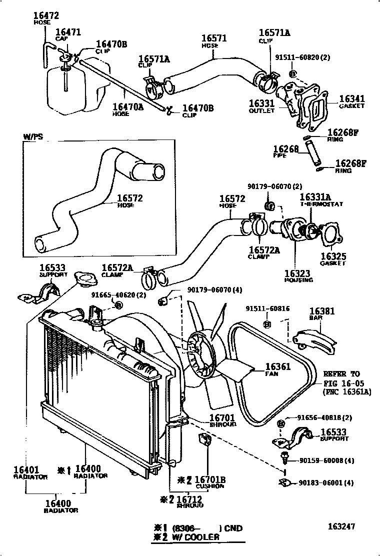 Toyota COROLLA RADIATOR & WATER OUTLET EPC diagram — 163247