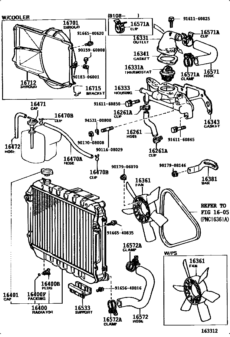Toyota COROLLA RADIATOR & WATER OUTLET EPC diagram — 163312A