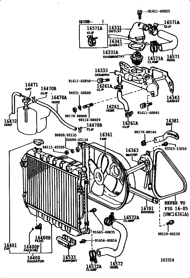 Toyota COROLLA RADIATOR & WATER OUTLET EPC diagram — 163314A