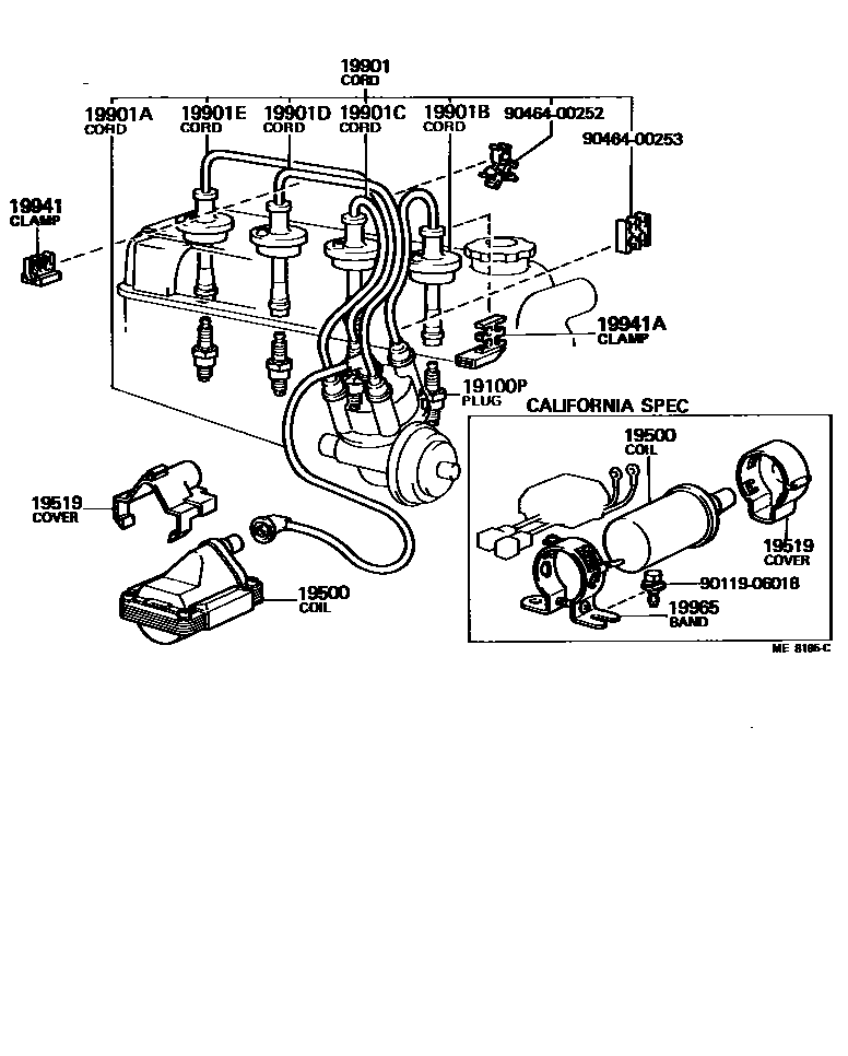 Toyota COROLLA 点火线圈和火花塞 EPC diagram — ME8195C