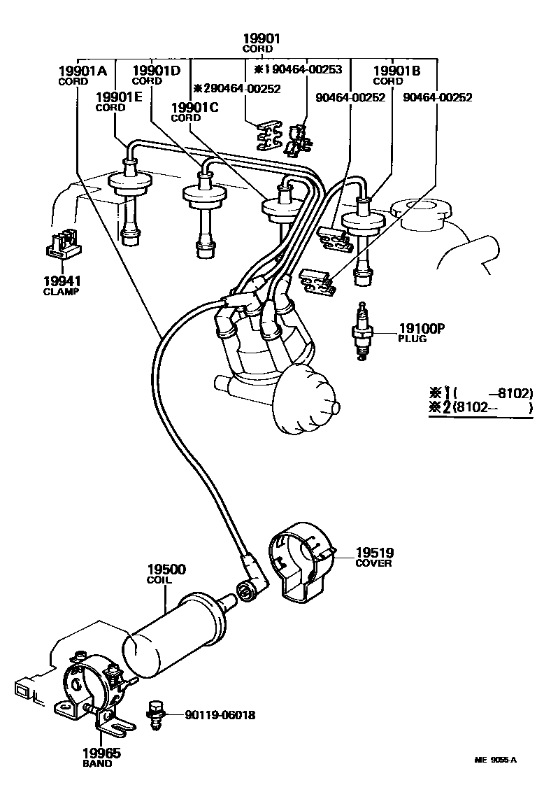 Toyota COROLLA 点火线圈和火花塞 EPC diagram — ME9055A