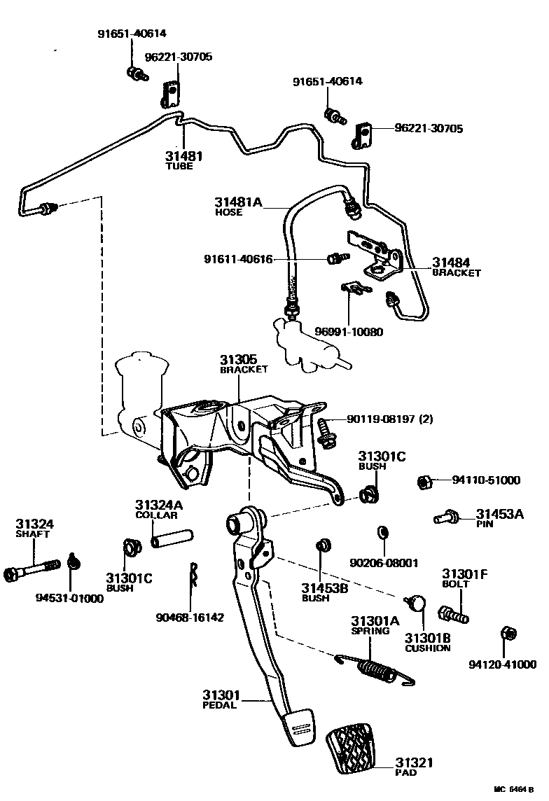 Toyota COROLLA 离合器踏板和挠性软管 EPC diagram — MC6464B