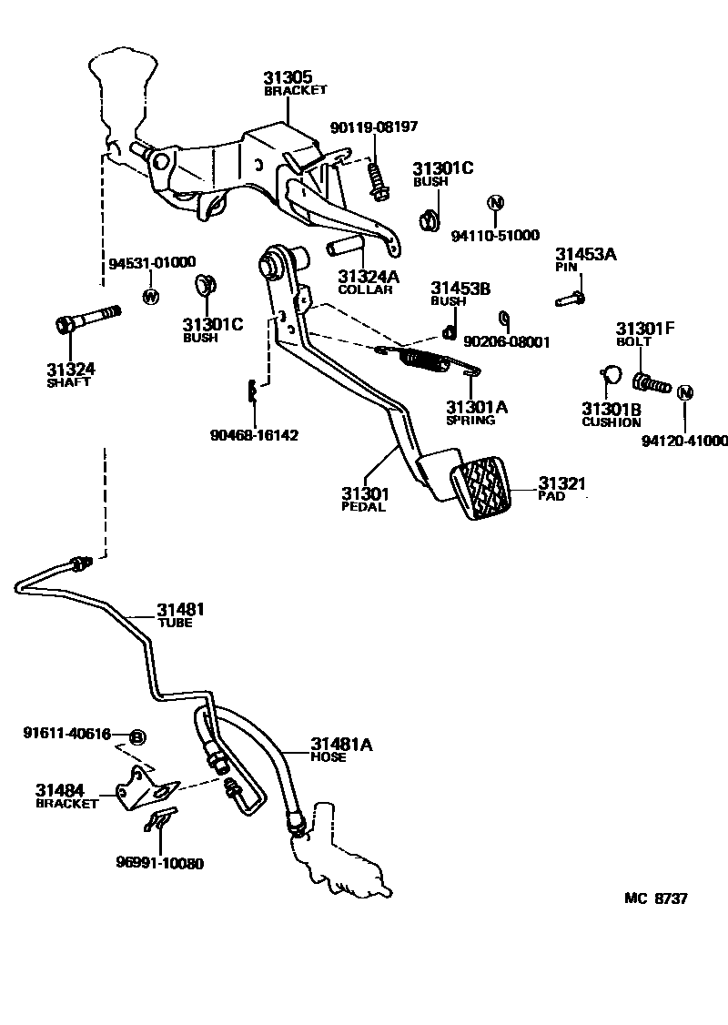 Toyota COROLLA 离合器踏板和挠性软管 EPC diagram — MC8737