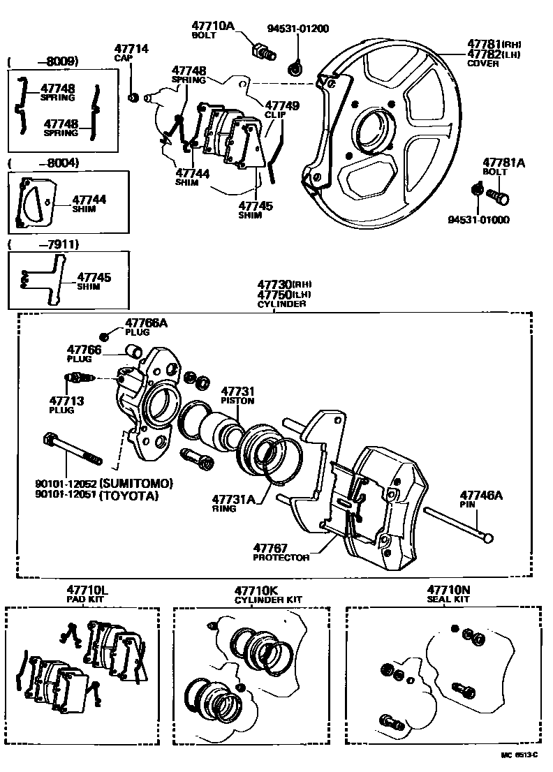 Toyota COROLLA 前盘式制动器卡钳和防尘罩 EPC diagram — MC6513C