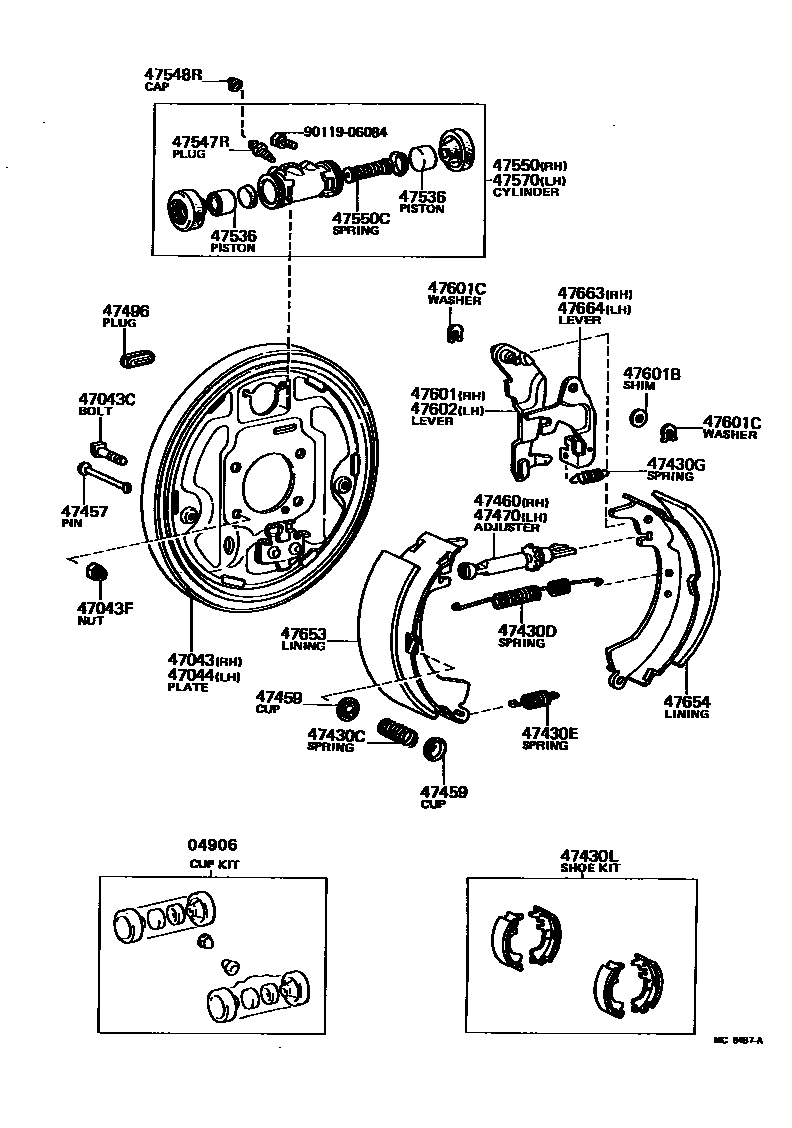 Toyota COROLLA 后鼓式制动器分泵和底板 EPC diagram — MC6487A