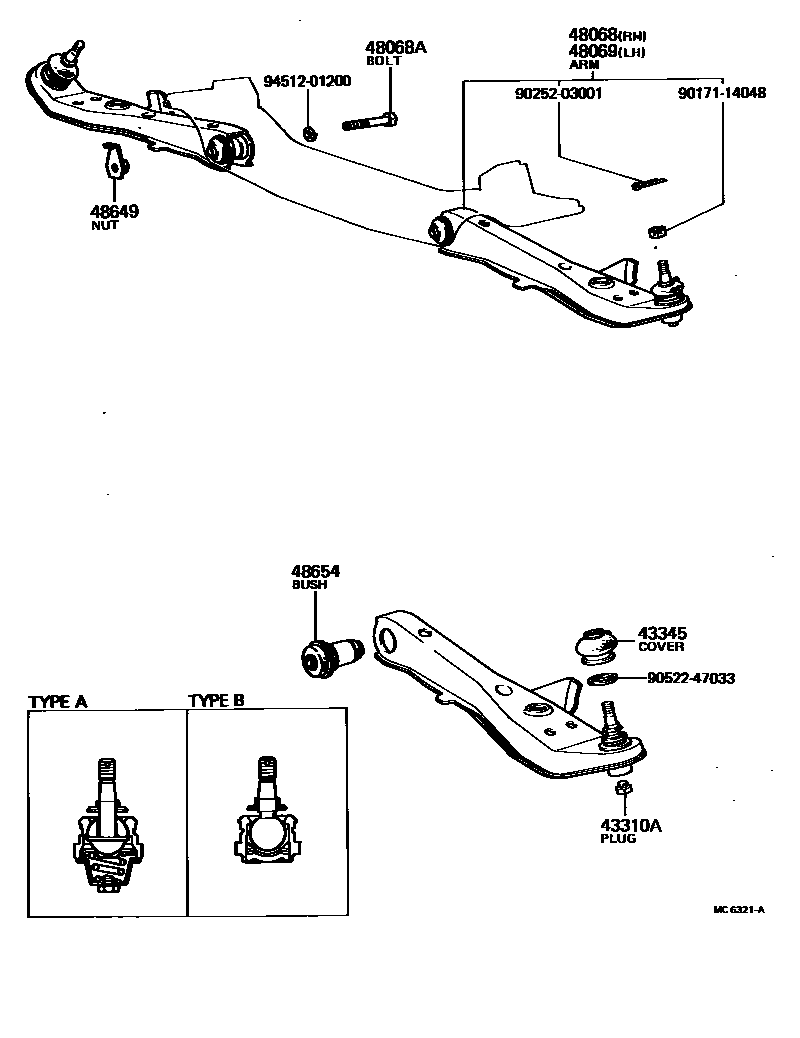 Toyota COROLLA 前桥控制臂和转向节 EPC diagram — MC6321A