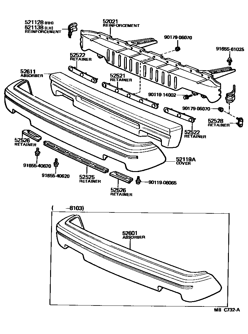 Toyota COROLLA 前保险杠及附件 EPC diagram — MBC732A