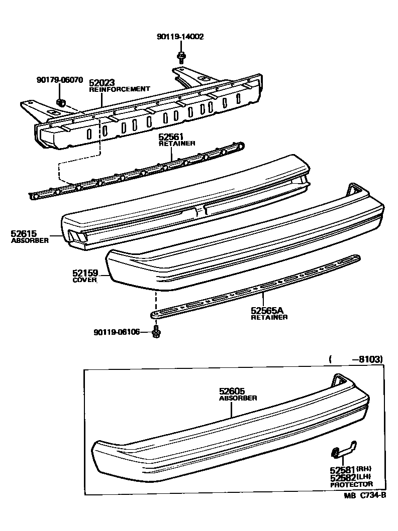 Toyota COROLLA 后保险杠及附件 EPC diagram — MBC734B