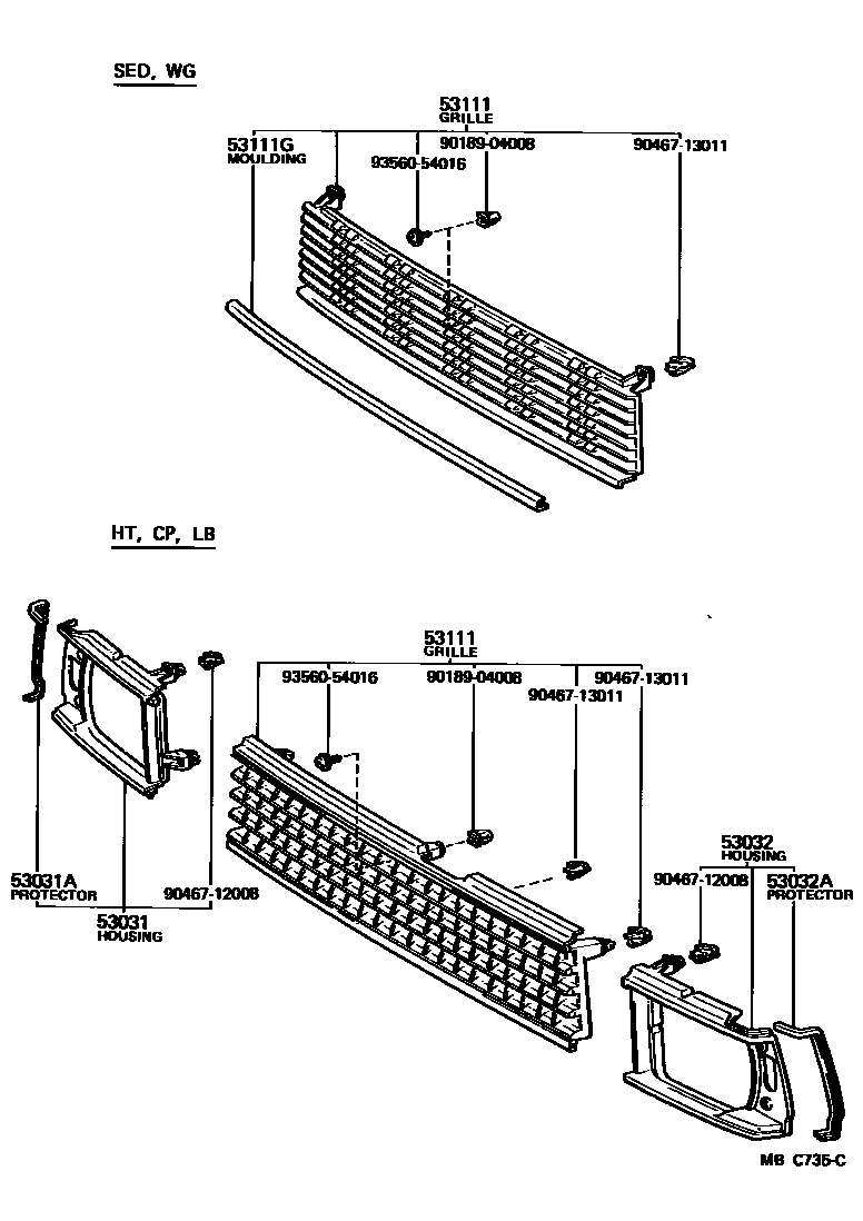 Toyota COROLLA radiator grille EPC diagram — MBC735C