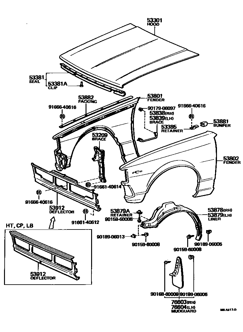 Toyota COROLLA 发动机盖和前翼子板 EPC diagram — MBA517D