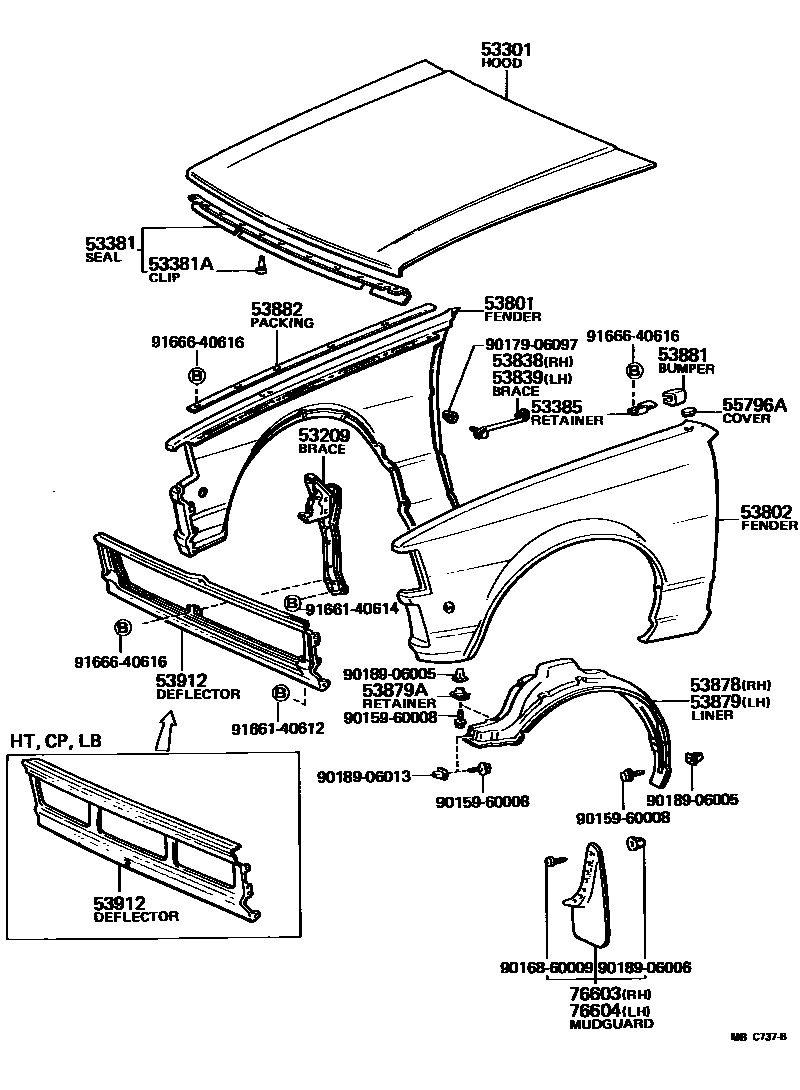Toyota COROLLA 发动机盖和前翼子板 EPC diagram — MBC737B