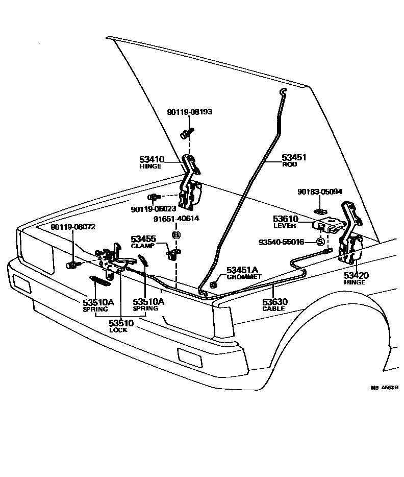 Toyota COROLLA 发动机盖锁和铰链 EPC diagram — MBA563B