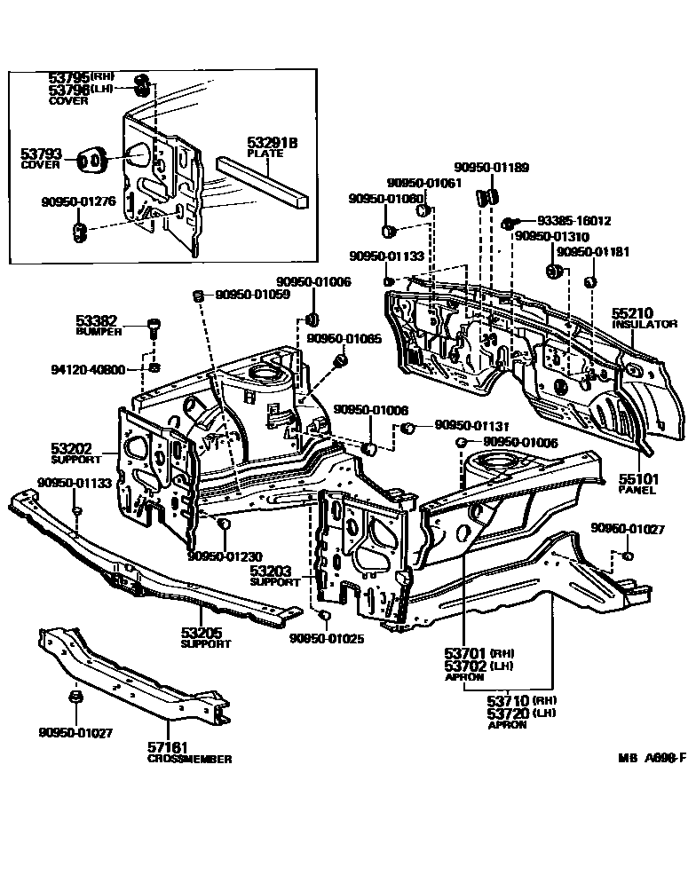 Toyota COROLLA 前翼子板挡泥板和前围板 EPC diagram — MBA698F
