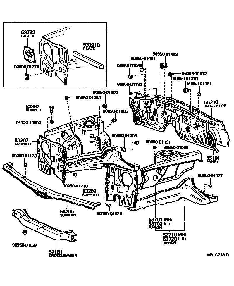 Toyota COROLLA 前翼子板挡泥板和前围板 EPC diagram — MBC738B