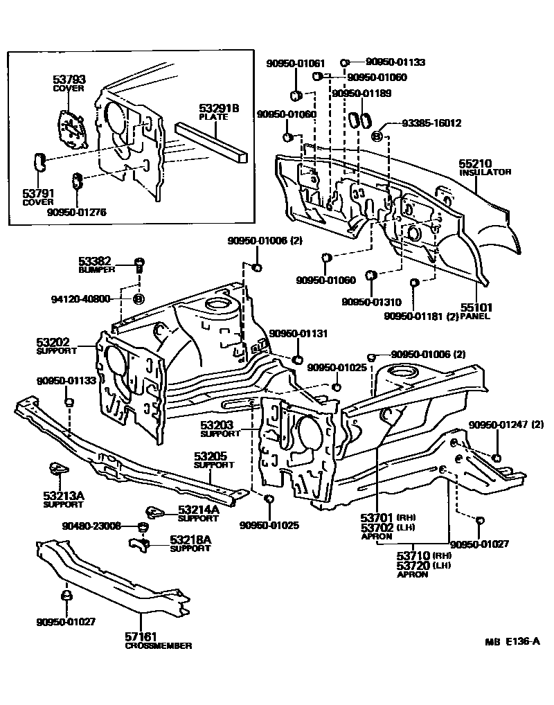 Toyota COROLLA 前翼子板挡泥板和前围板 EPC diagram — MBE136A