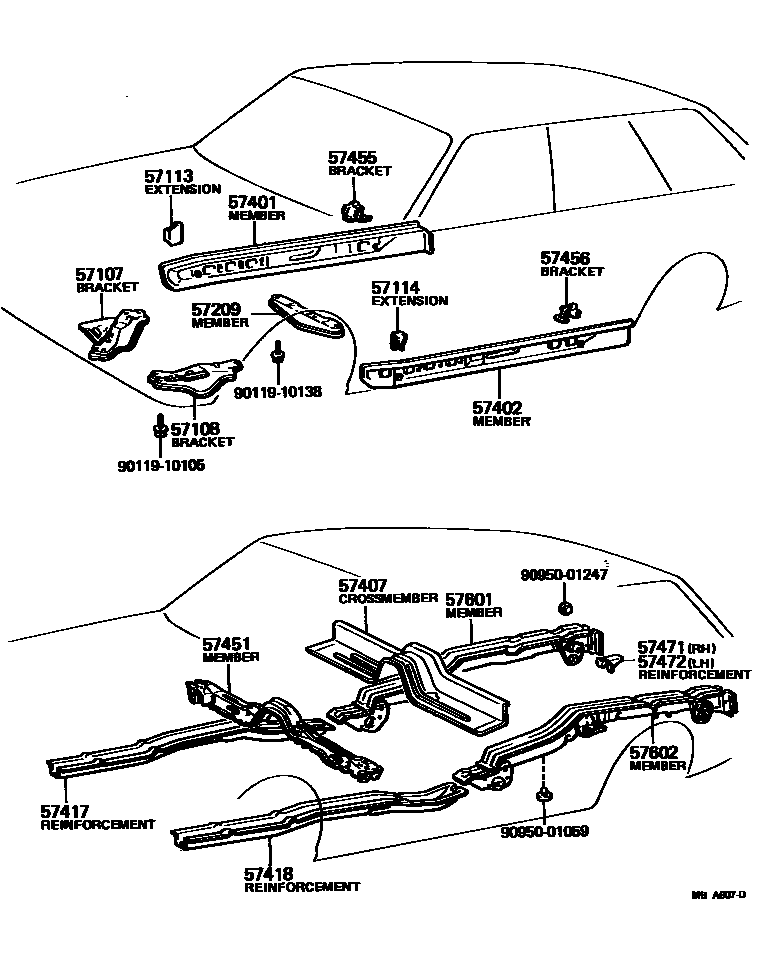 Toyota COROLLA Floor stringers EPC diagram — MBA607D