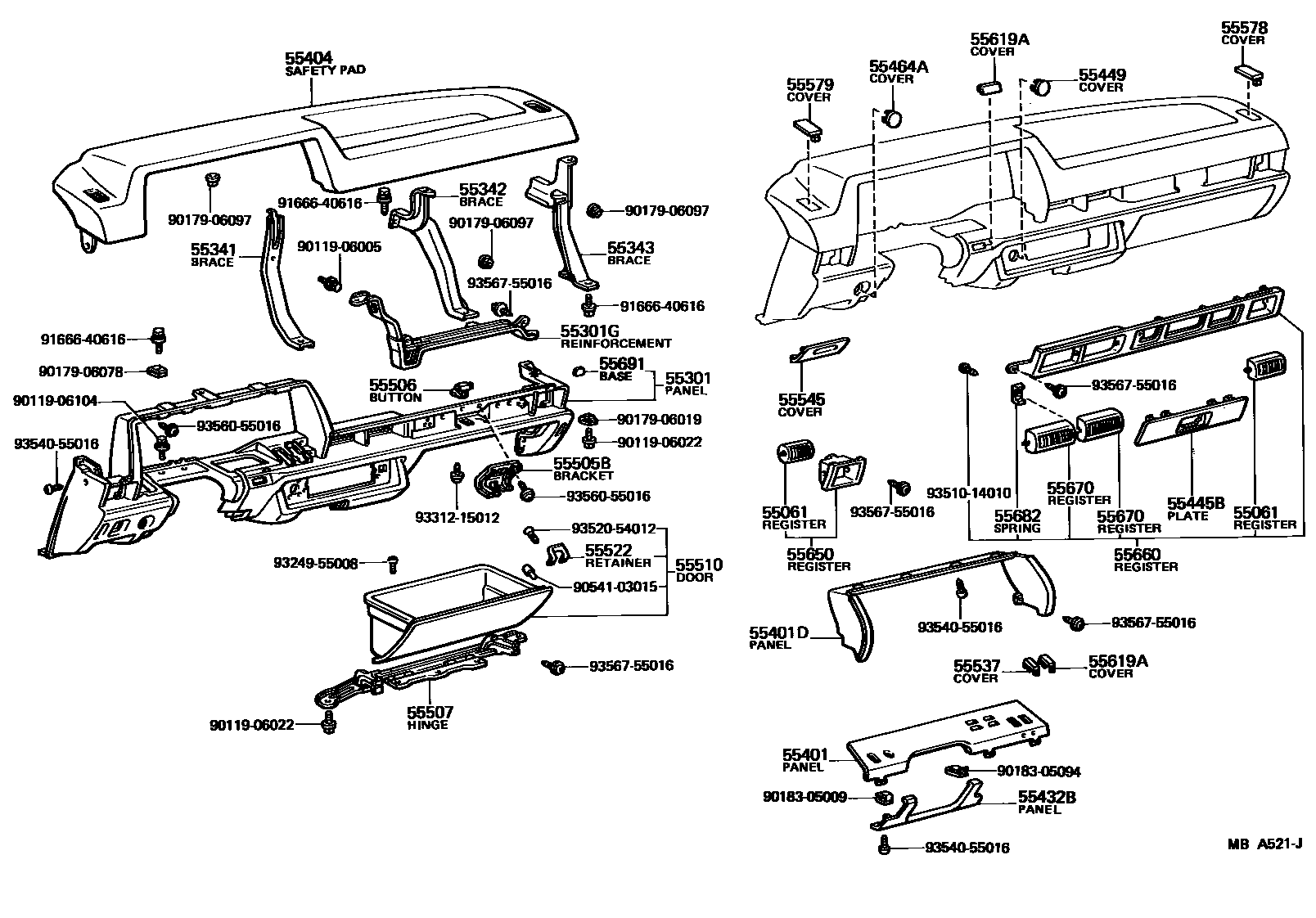 Toyota COROLLA 仪表板和手套箱 EPC diagram — MBA521J