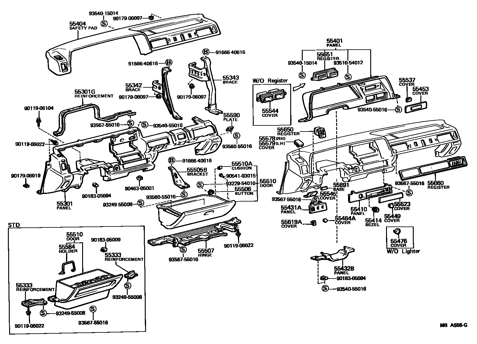 Toyota COROLLA 仪表板和手套箱 EPC diagram — MBA566G