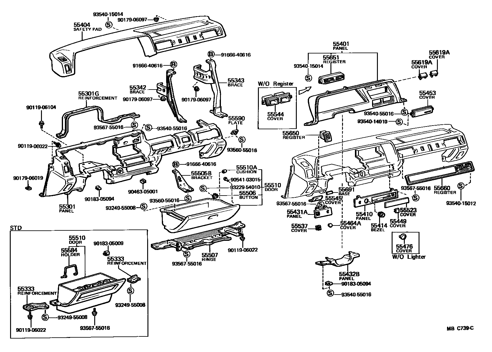 Toyota COROLLA 仪表板和手套箱 EPC diagram — MBC739C