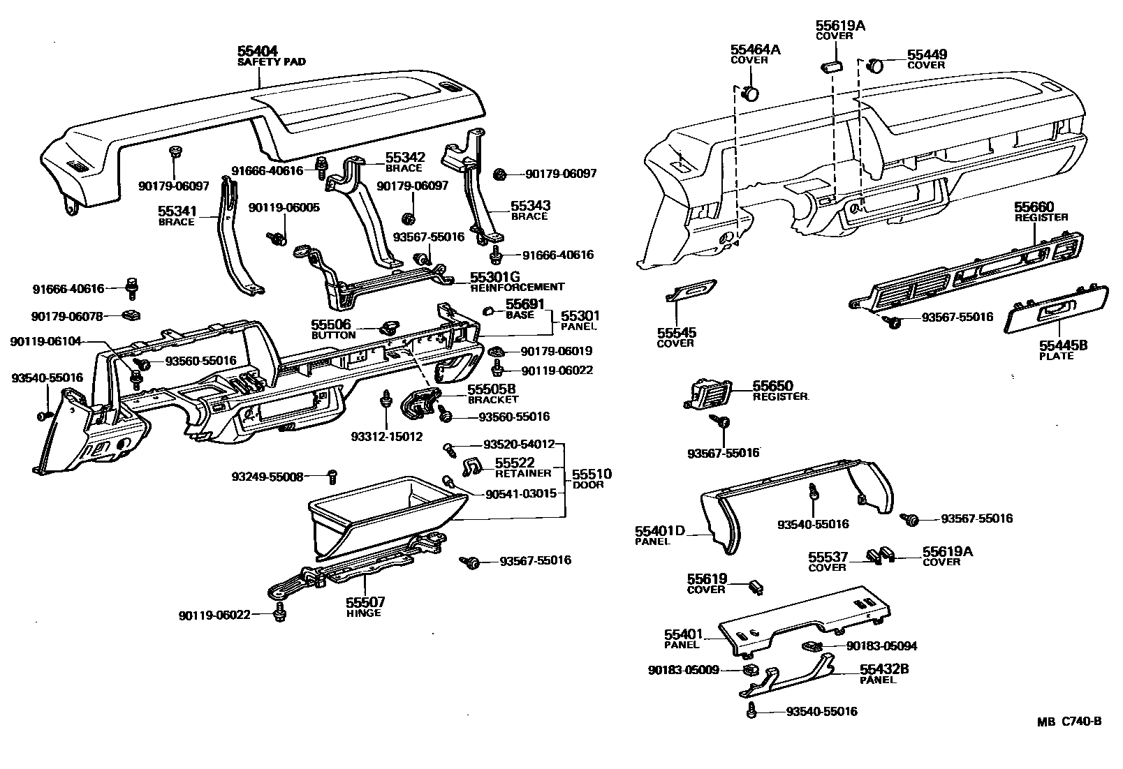 Toyota COROLLA 仪表板和手套箱 EPC diagram — MBC740B