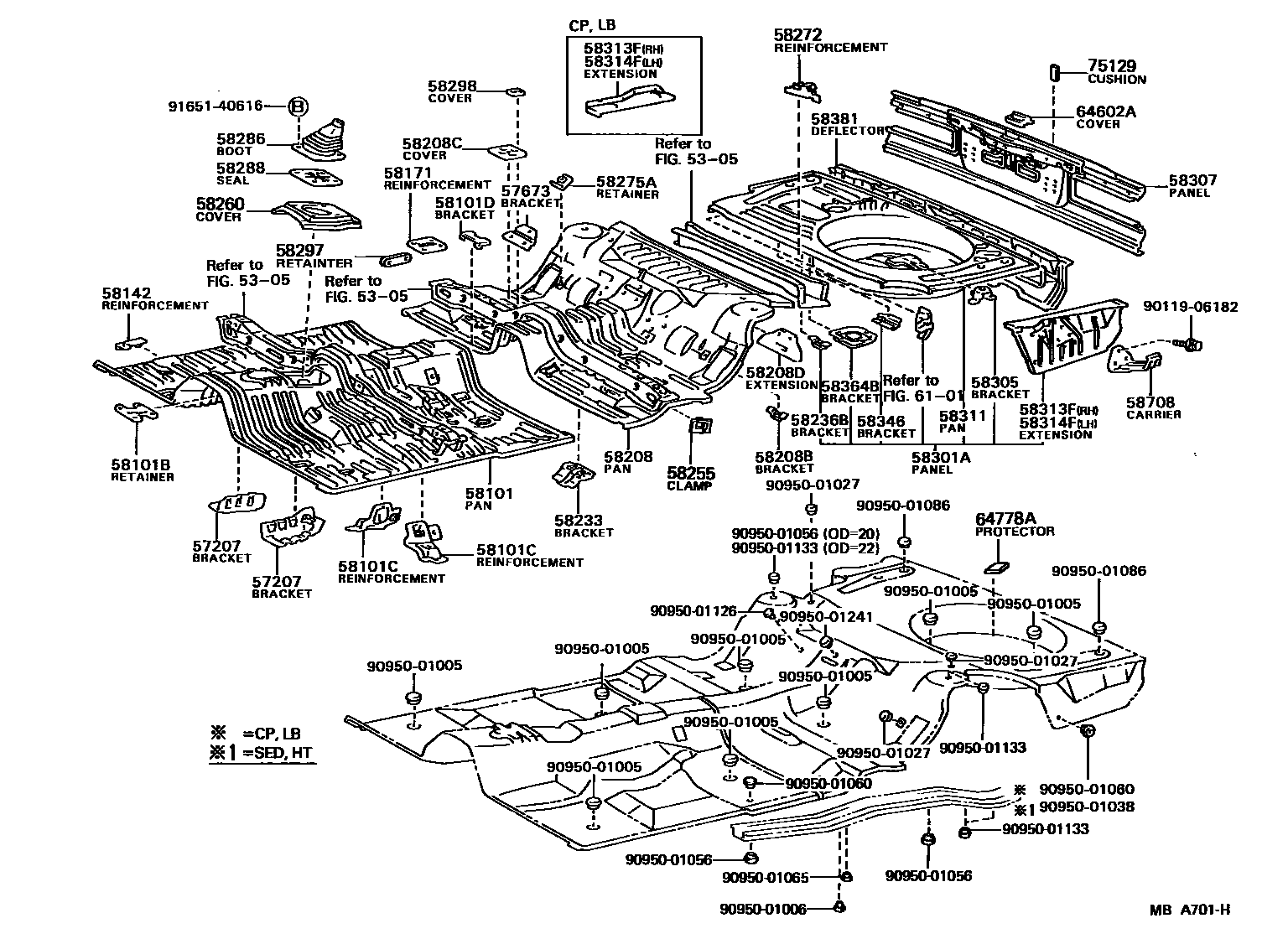 Toyota COROLLA 浅盘形地板和车身下背板 EPC diagram — MBA701H