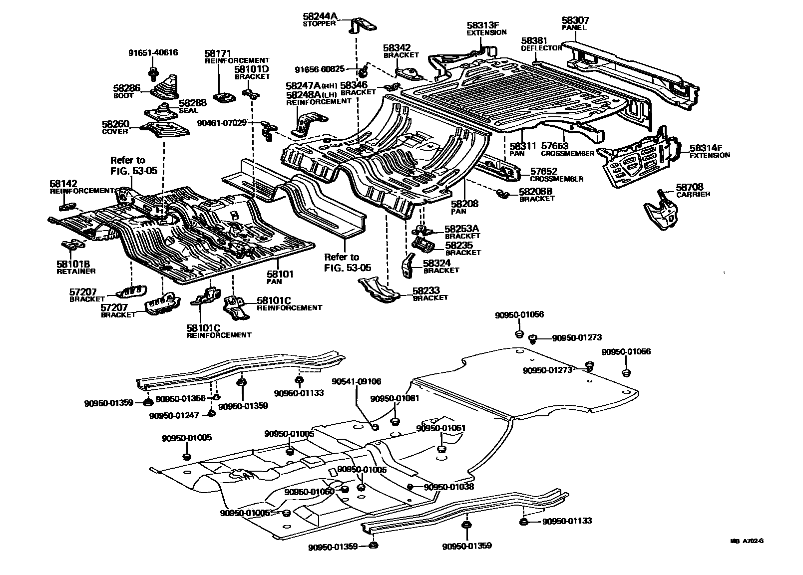 Toyota COROLLA 浅盘形地板和车身下背板 EPC diagram — MBA702G