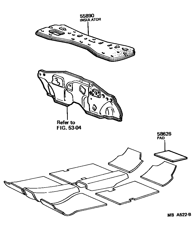 Toyota COROLLA 前围板消声板和地板消声垫 EPC diagram — MBA522B