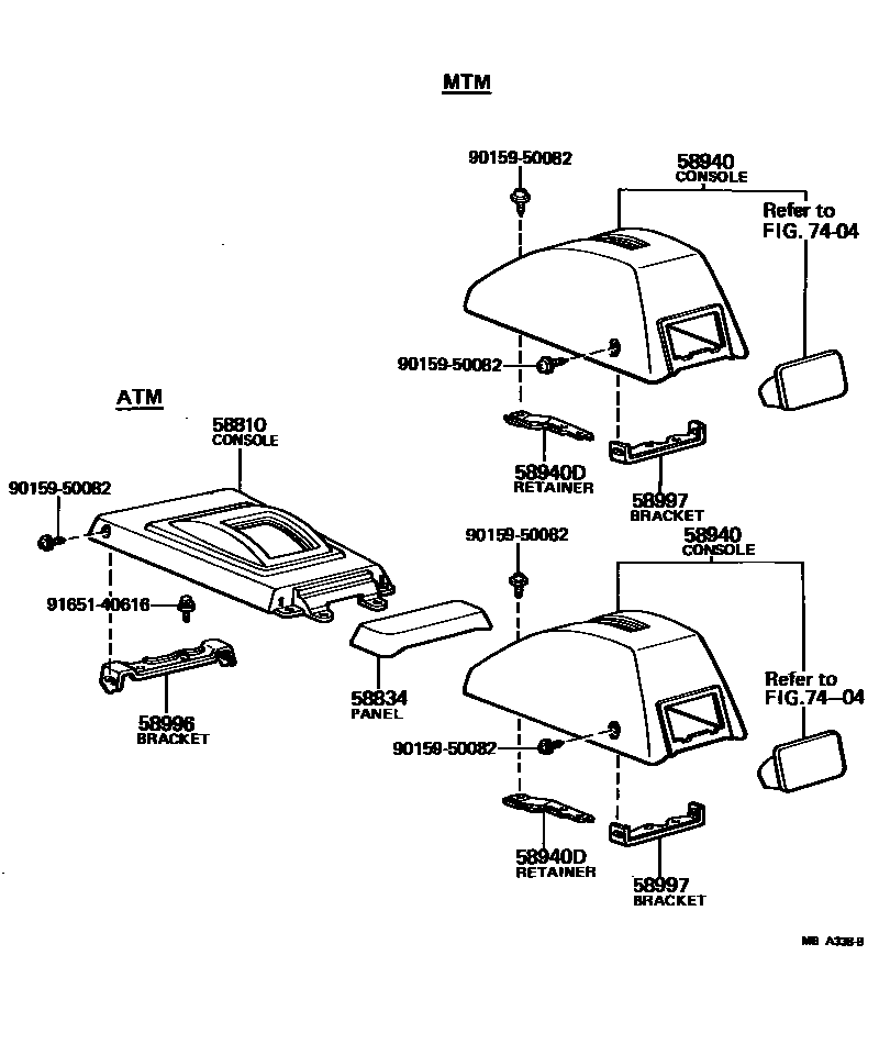 Toyota COROLLA 中央扶手箱和支架 EPC diagram — MBA338B