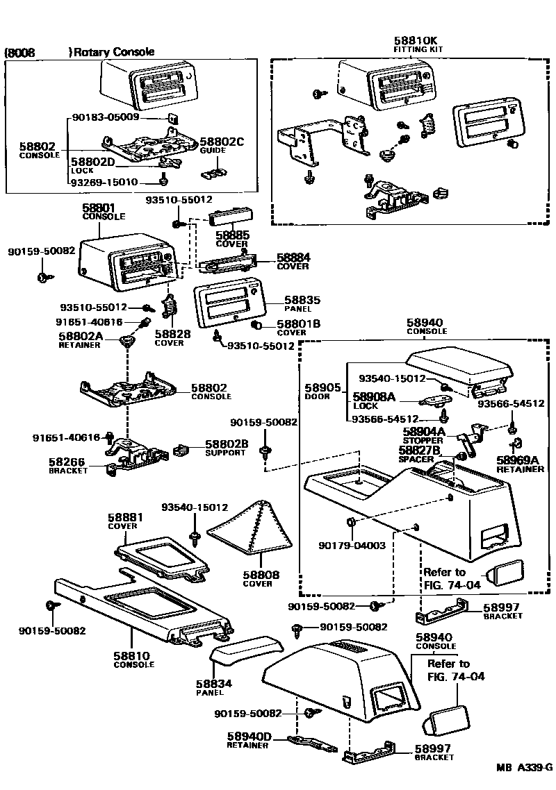 Toyota COROLLA 中央扶手箱和支架 EPC diagram — MBA339G
