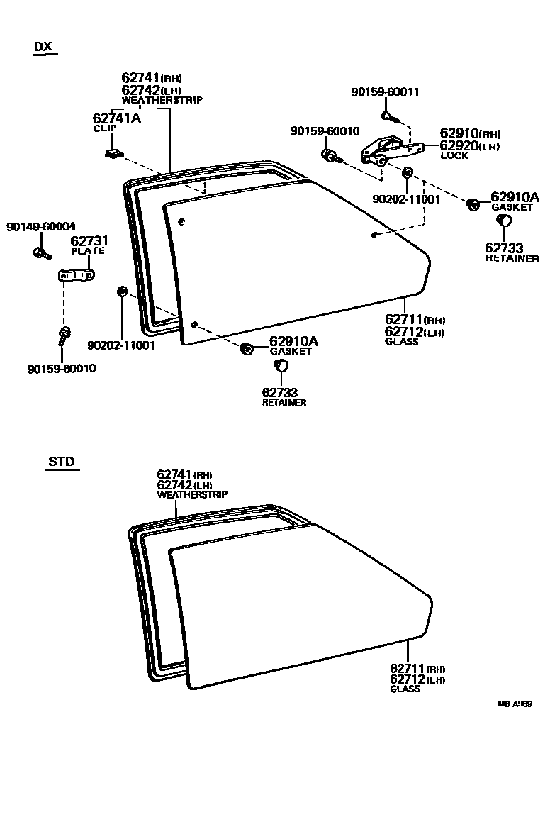 Toyota COROLLA 角窗 EPC diagram — MBA989