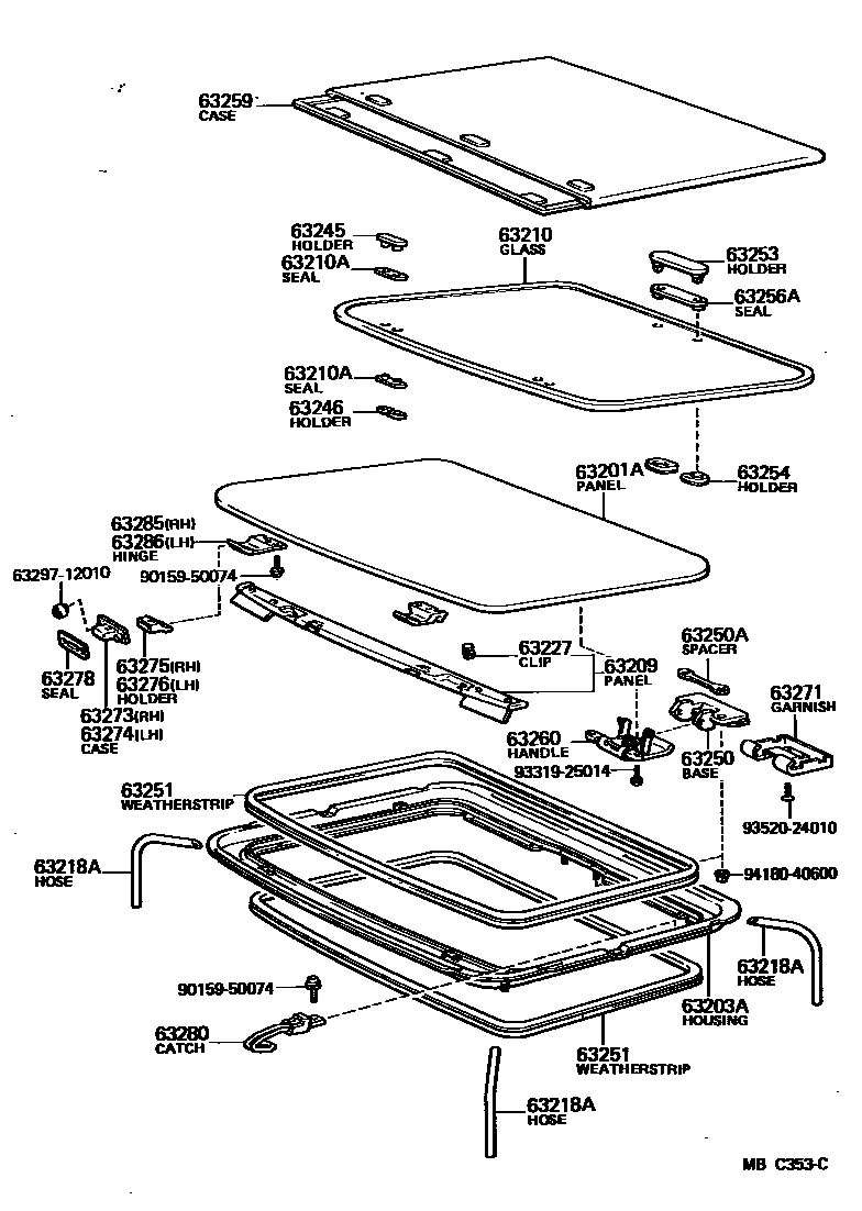 Toyota COROLLA 天窗板和背窗玻璃 EPC diagram — MBC353C