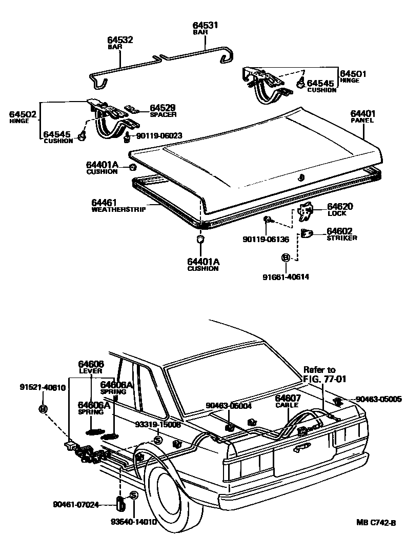 Toyota COROLLA 行李箱门和行李箱锁 EPC diagram — MBC742B