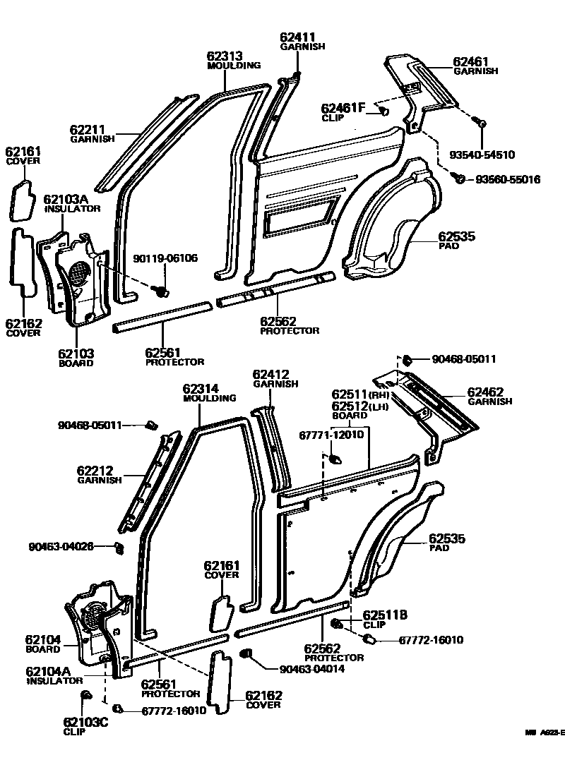 Toyota COROLLA 内饰板和车门防水胶条 EPC diagram — MBA623E