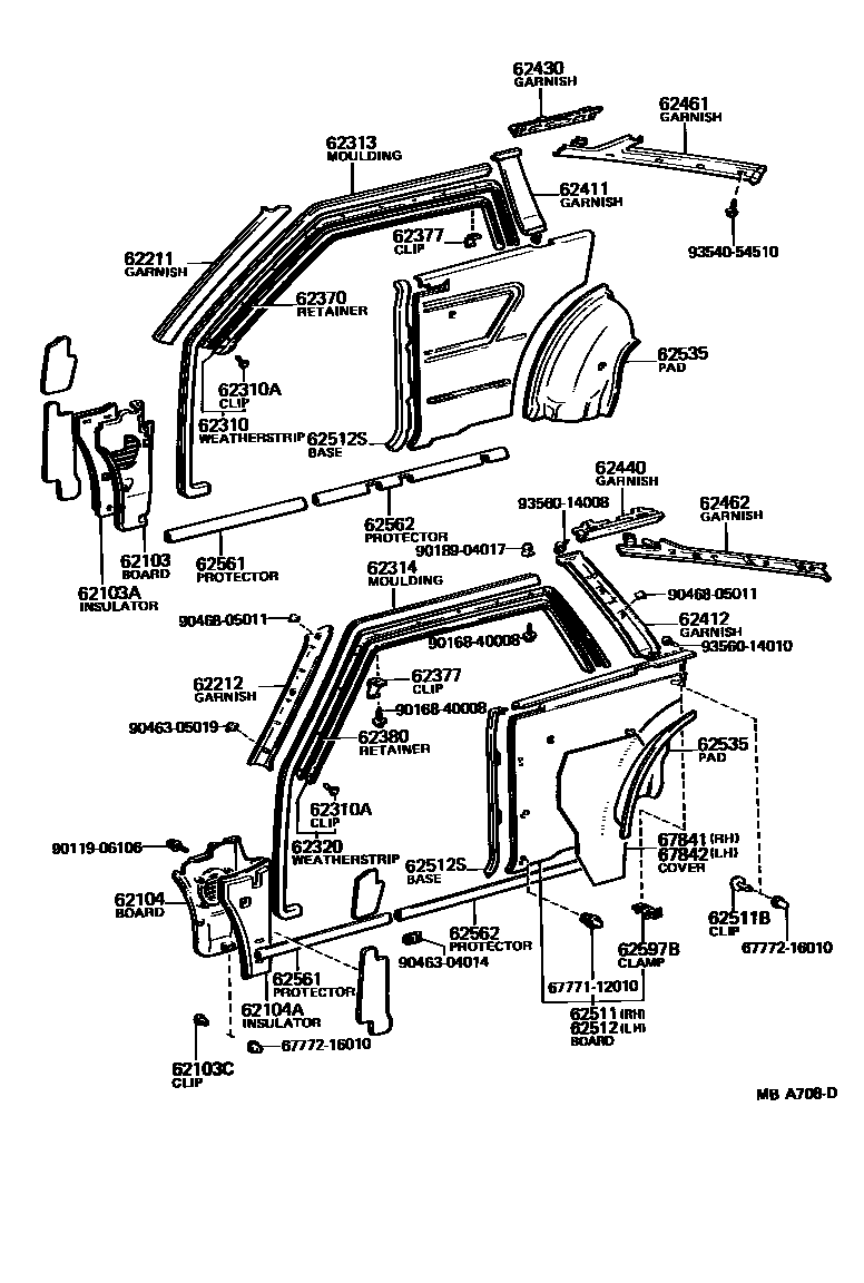 Toyota COROLLA 内饰板和车门防水胶条 EPC diagram — MBA708D
