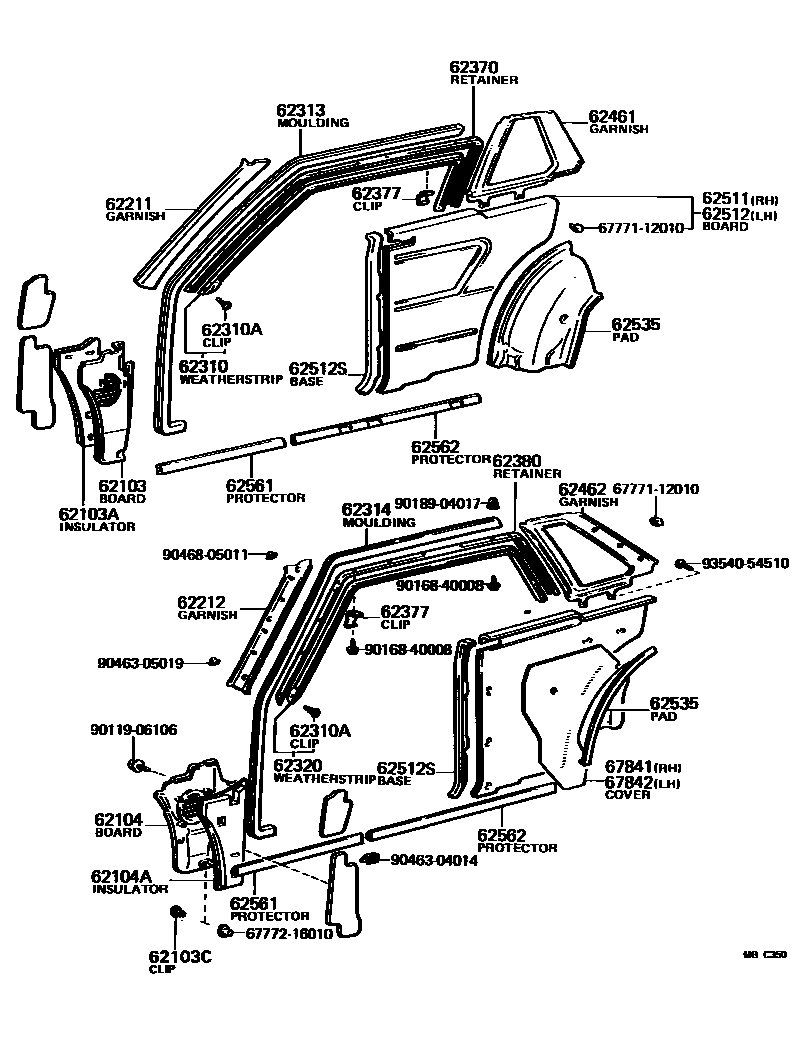 Toyota COROLLA 内饰板和车门防水胶条 EPC diagram — MBC350