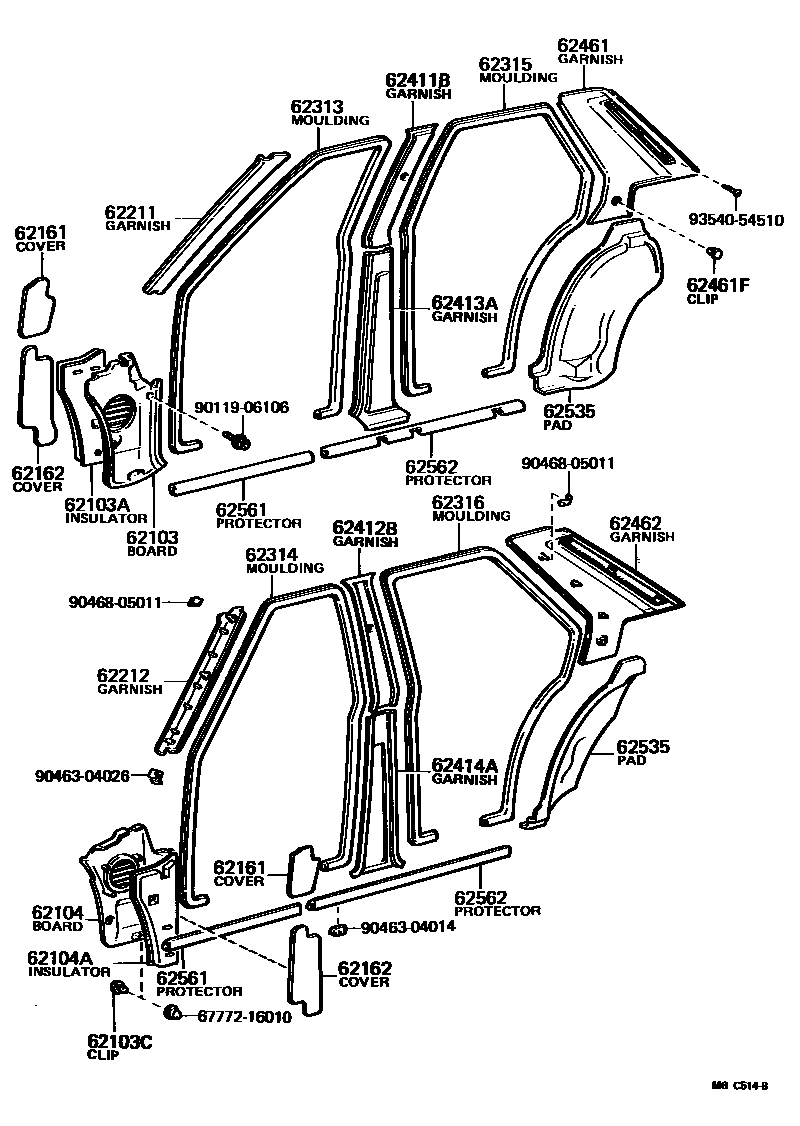 Toyota COROLLA 内饰板和车门防水胶条 EPC diagram — MBC514B