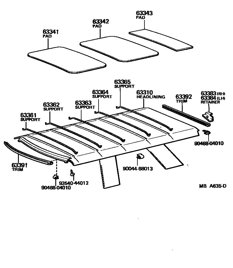 Toyota COROLLA 车顶内衬和消声垫 EPC diagram — MBA635D