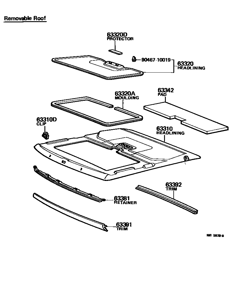 Toyota COROLLA 车顶内衬和消声垫 EPC diagram — MBB839B