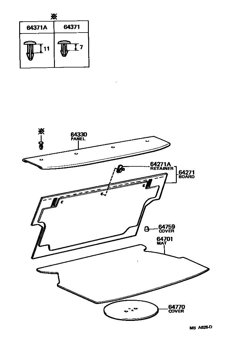 Toyota COROLLA 杂物箱板和行李箱垫 EPC diagram — MBA626D