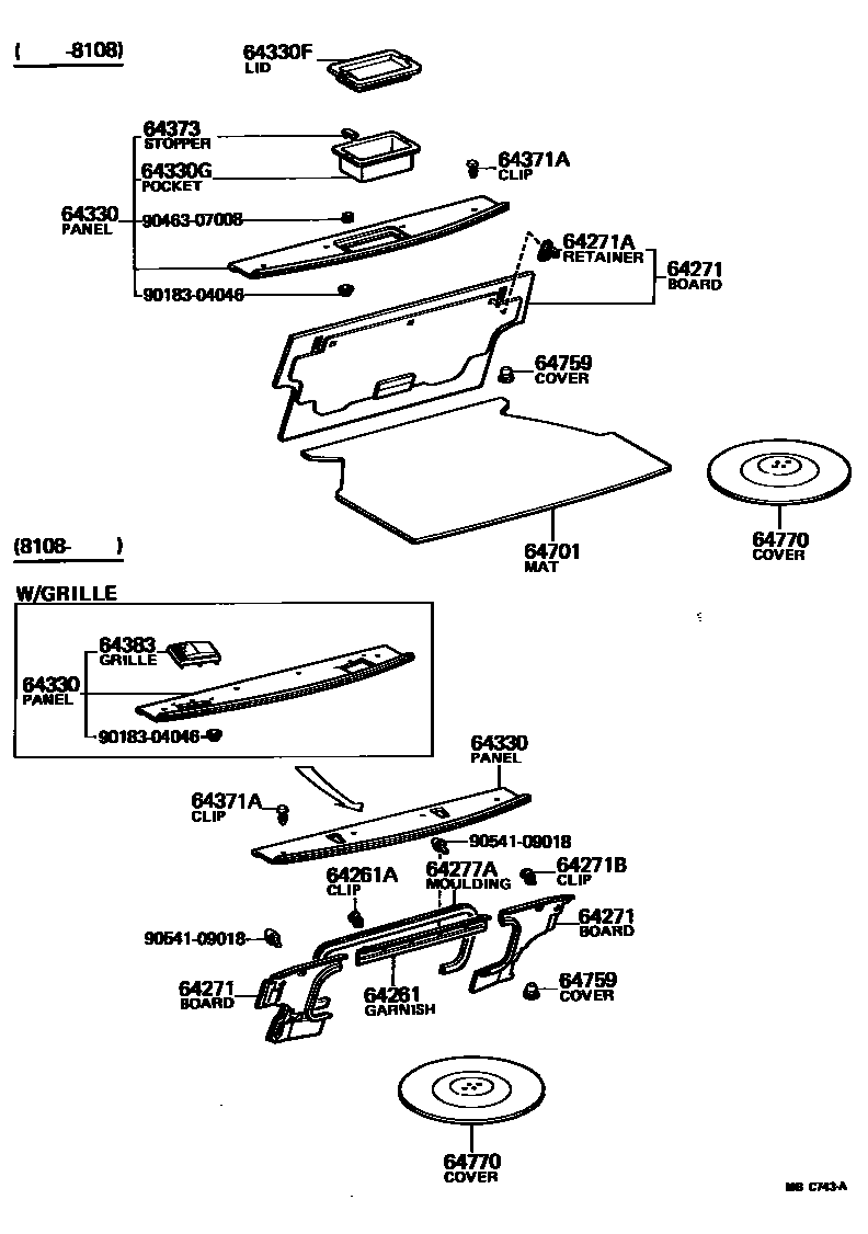 Toyota COROLLA 杂物箱板和行李箱垫 EPC diagram — MBC743A