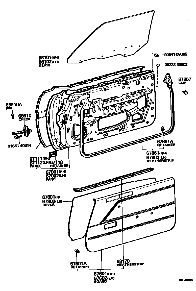 Toyota COROLLA 前门板和前门玻璃 EPC diagram — MBA603C